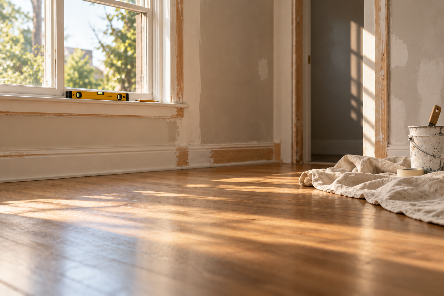 A half-renovated room in warm daylight with a drop sheet and a level on the windowsill